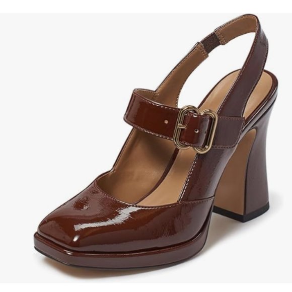 FYS Shoes - FYS Wine Platform Square Toe Pumps Chunky Block High Heel Mary Janes Slingback
